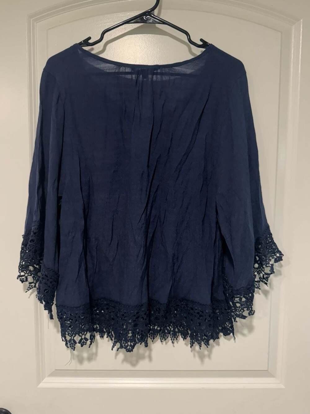 Boho Crochet Lace Trim Blouse Peasant Tunic Cottagecore Navy Women’s XL